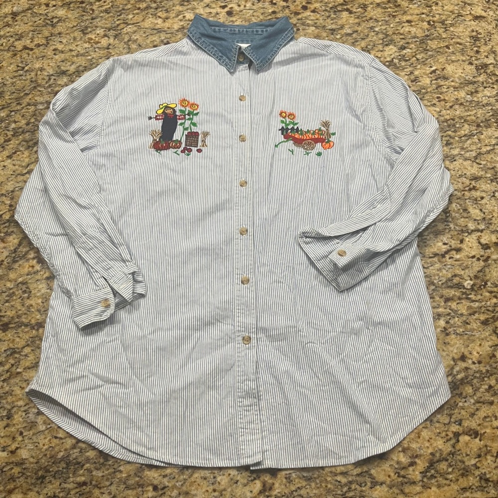 Vintage Basic Editions Women 18W Blue Stripe Scarecrow Pumpkin Embroidered Shirt